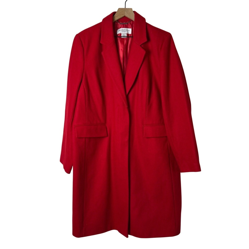 Liz Claiborne Womens Wool Blend Longline Overcoat Size 1X Red Classic Preppy